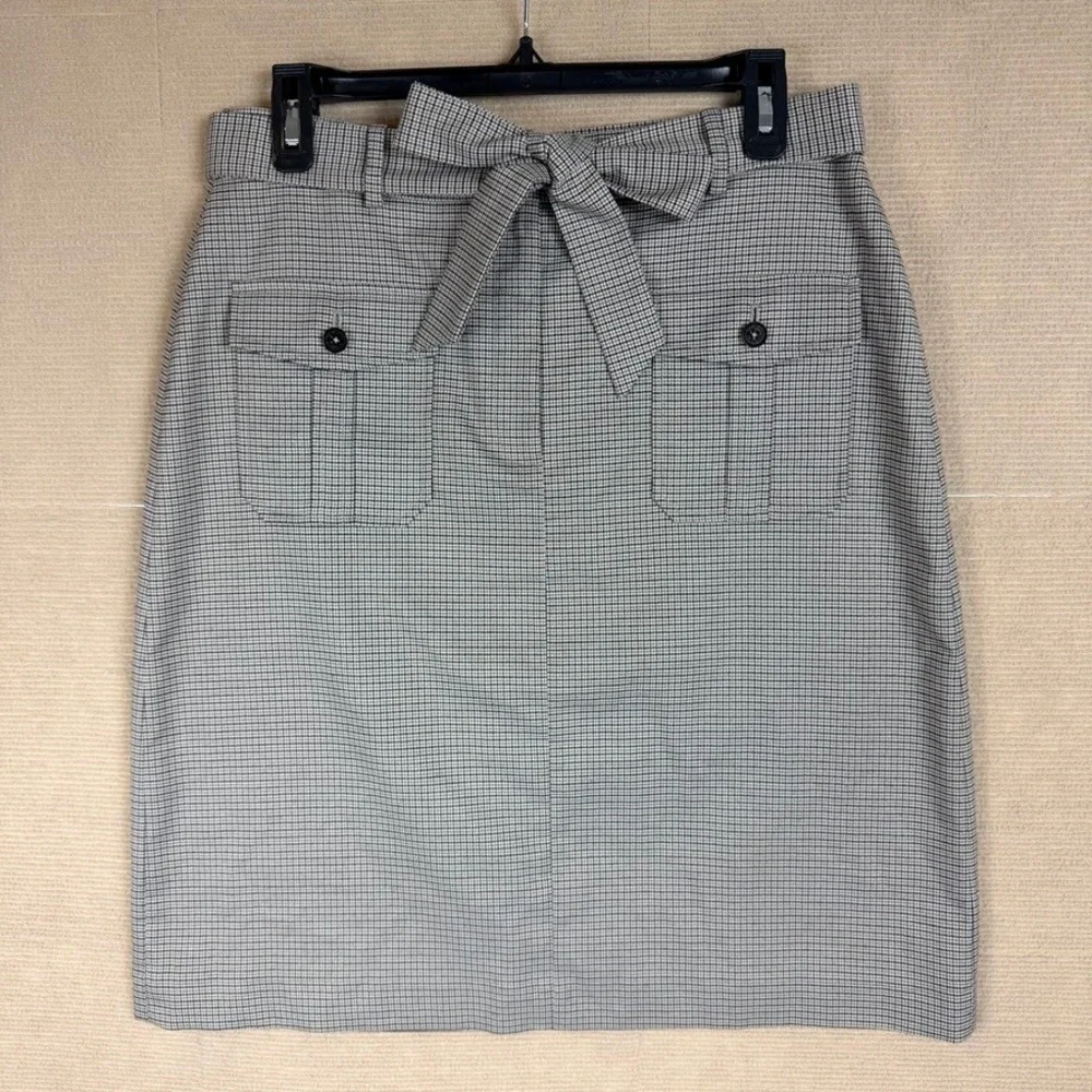 Calvin Klein Womens Houndstooth Tie Waist Pencil Skirt Black White Size 8
